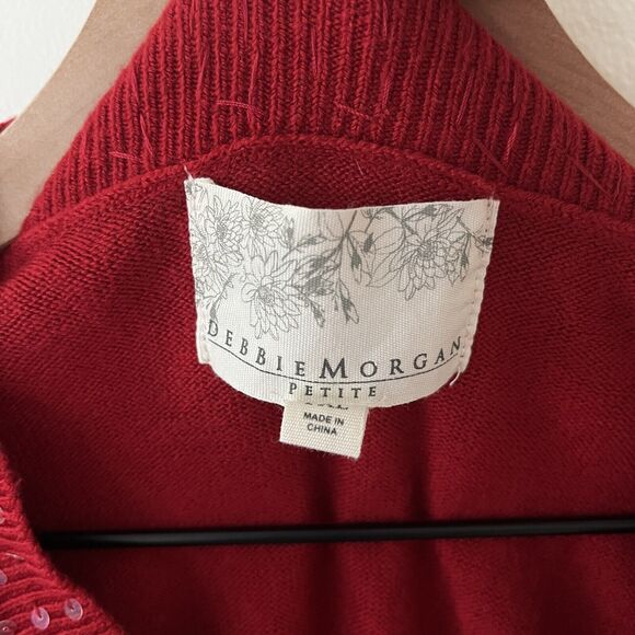 Womens Debbie Morgan Red Tight Knit Pullover Sequin V-Neck Sweater Size PXL - Picture 4 of 7
